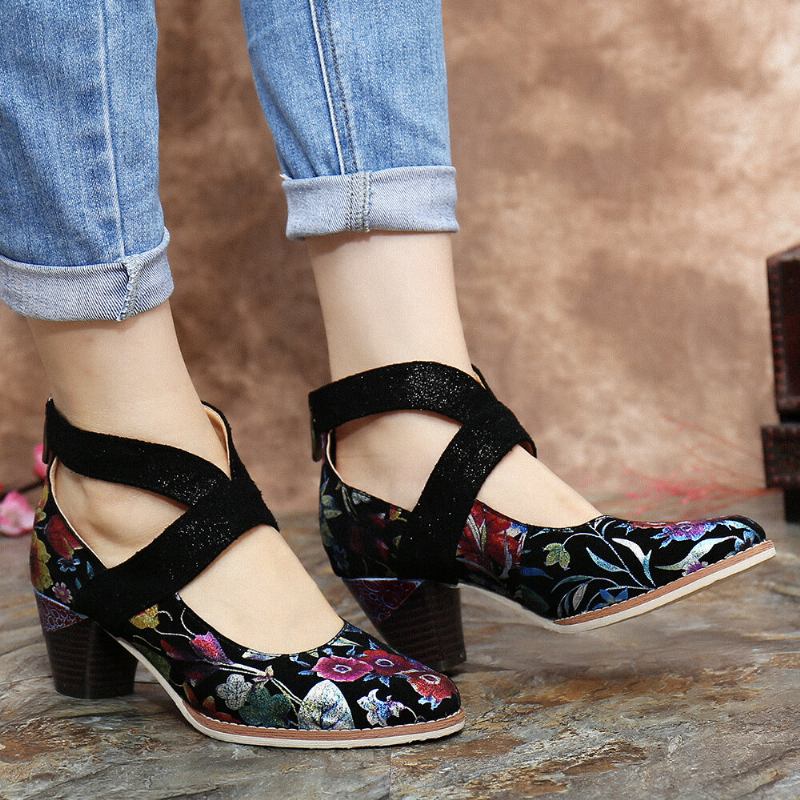 Slangeskind I Ægte Læder Splejsning Af Blomstermønster Komfortabel Lynlås Chunky Heel Pumps