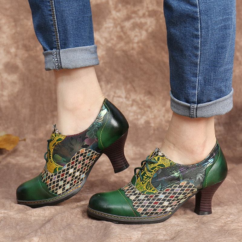 Vintage Læder Blomster Plaid Splejsning Lace-up Grøn Chunky Heel Pumps