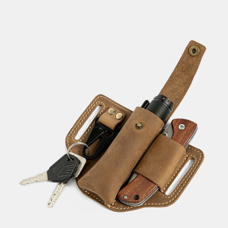 Mænd Ægte Læder Edc Fanny Pack Multitool Lommelygte Nøgle Foldekniv Organizer Bæltetaske