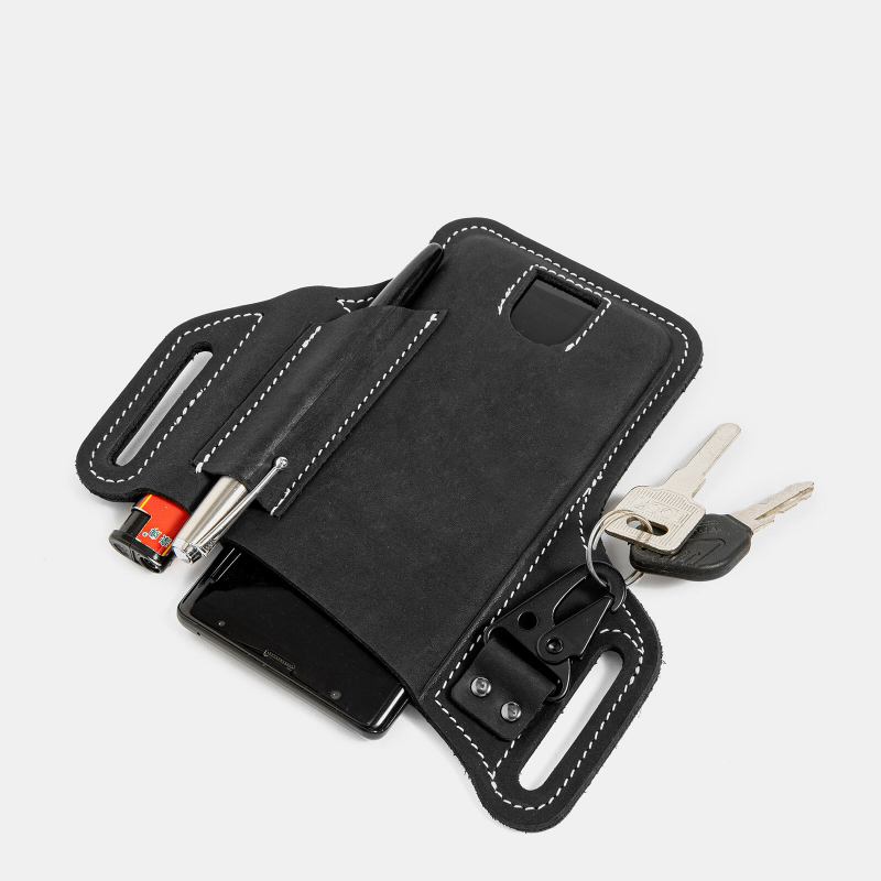 Mænd Ægte Læder Edc Multitool Mobiltelefon Pen Nøglering Organizer Taljebæltetaske