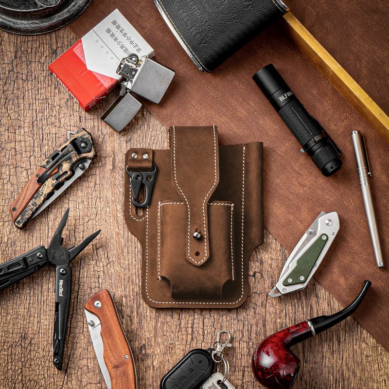 Mænd Ægte Læder Edc Multitool Pen Nøglering Organizer Bæltetaske