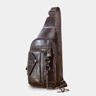 Bullcaptian Mænd Multipocket Blødt Læder Brysttaske Vintage Mobiltelefon Holder Kæde Crossbody Skuldertaske