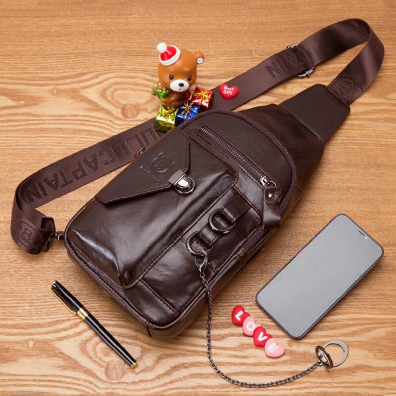 Bullcaptian Mænd Multipocket Blødt Læder Brysttaske Vintage Mobiltelefon Holder Kæde Crossbody Skuldertaske