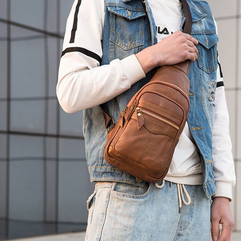 Mænd Ægte Læder Flerlag Vandtæt Casual Crossbody Taske Brysttaske Sling Bag