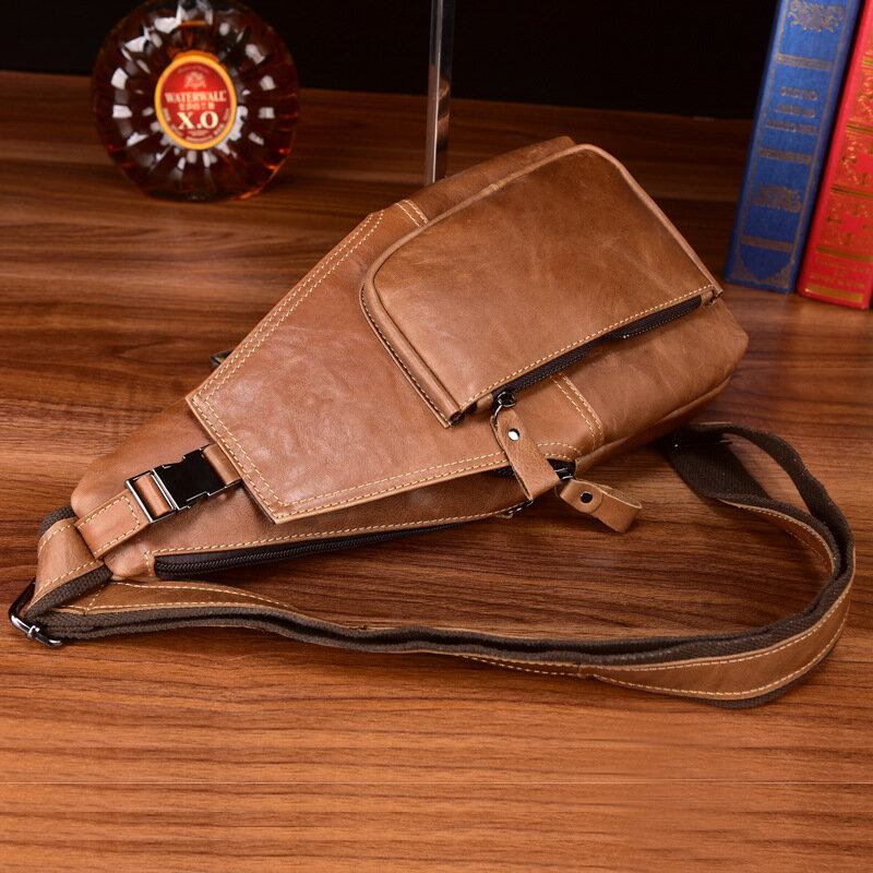 Mænd Ægte Læder Multi-lomme Anti-tyveri Brysttaske Retro Wear Vandtæt Crossbody Taske