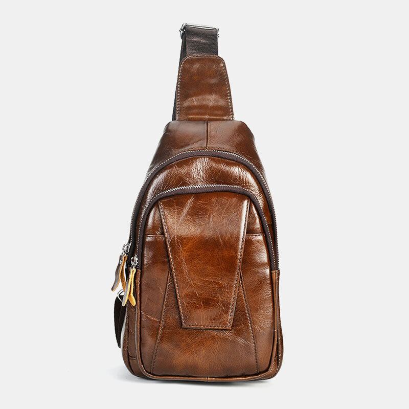 Mænd Ægte Læder Ryg Tyverisikret Lynlåslomme Brysttaske Mode Casual Slidfast Crossbody-taske Skuldertaske