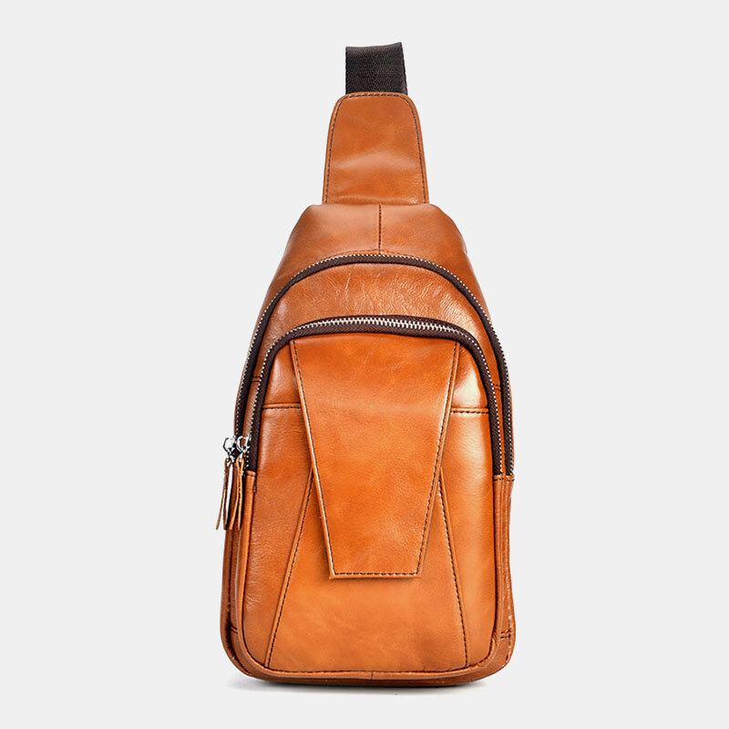 Mænd Ægte Læder Ryg Tyverisikret Lynlåslomme Brysttaske Mode Casual Slidfast Crossbody-taske Skuldertaske