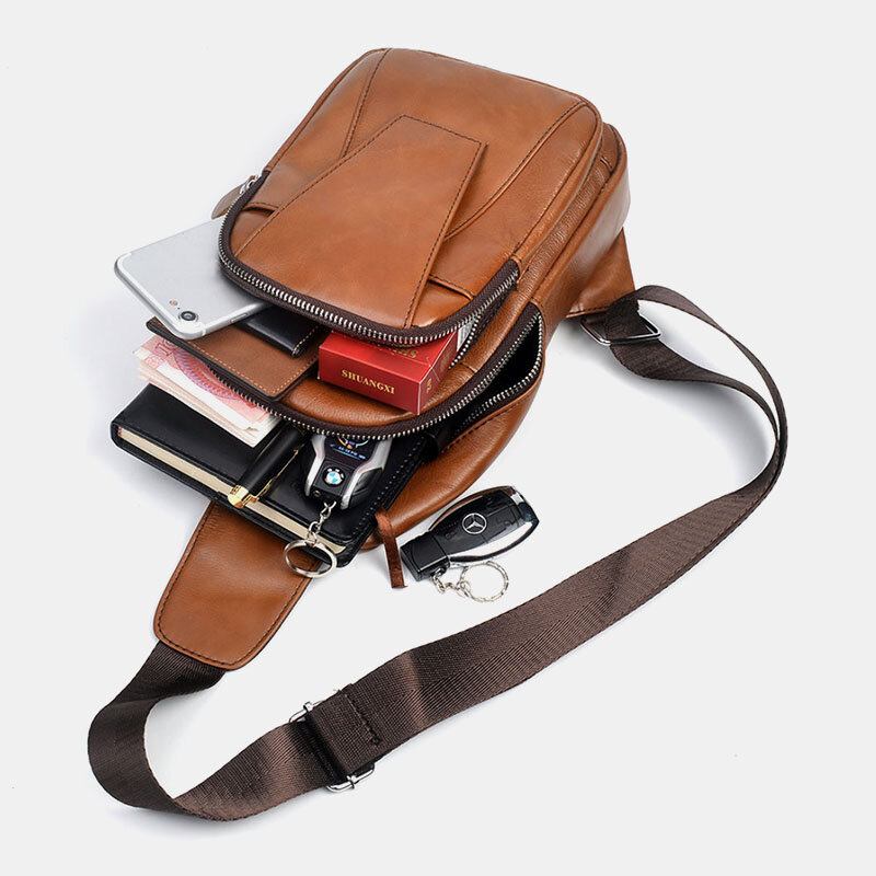 Mænd Ægte Læder Ryg Tyverisikret Lynlåslomme Brysttaske Mode Casual Slidfast Crossbody-taske Skuldertaske