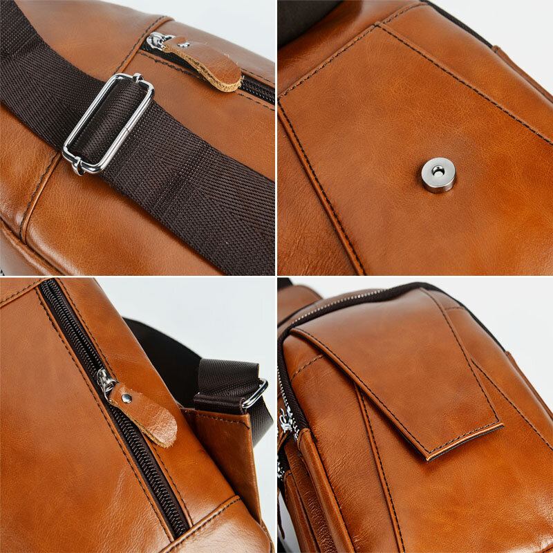 Mænd Ægte Læder Ryg Tyverisikret Lynlåslomme Brysttaske Mode Casual Slidfast Crossbody-taske Skuldertaske