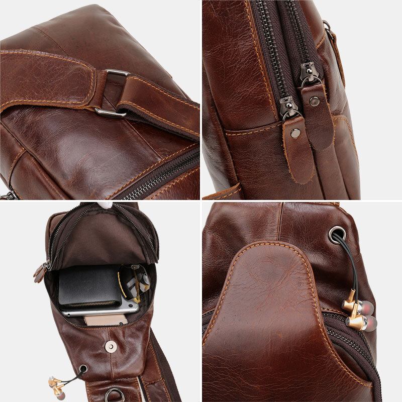 Mænd First Layer Koskind Retro Multi-pocket Hovedtelefon Hul Design Brysttaske Crossbody Taske