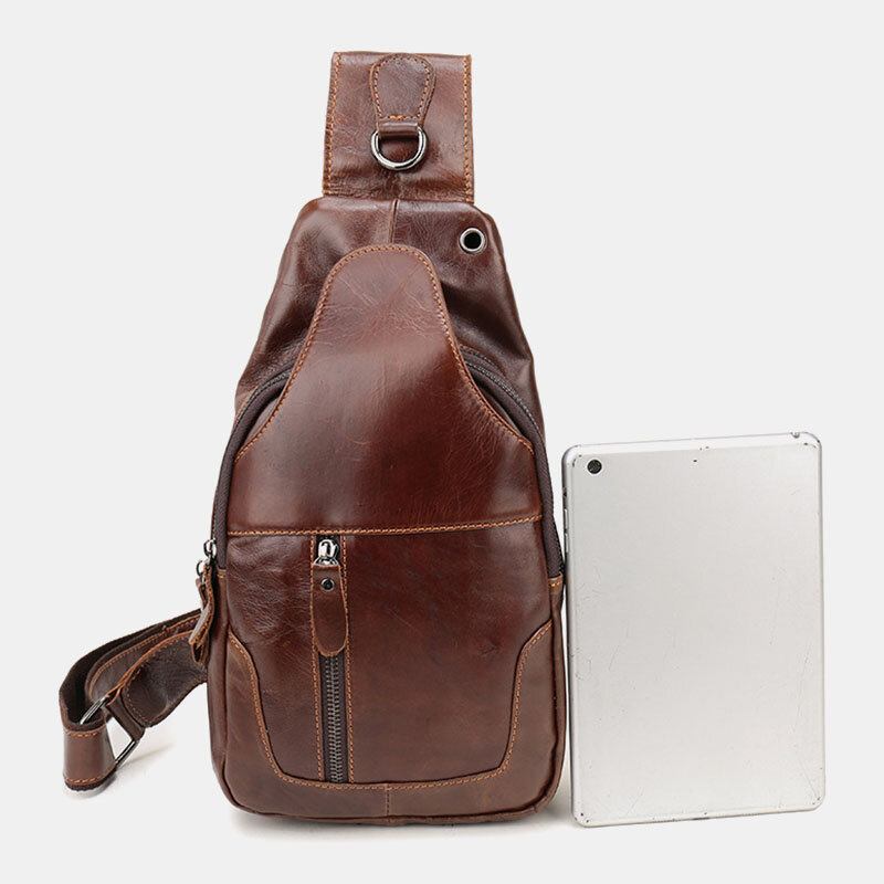 Mænd First Layer Koskind Retro Multi-pocket Hovedtelefon Hul Design Brysttaske Crossbody Taske