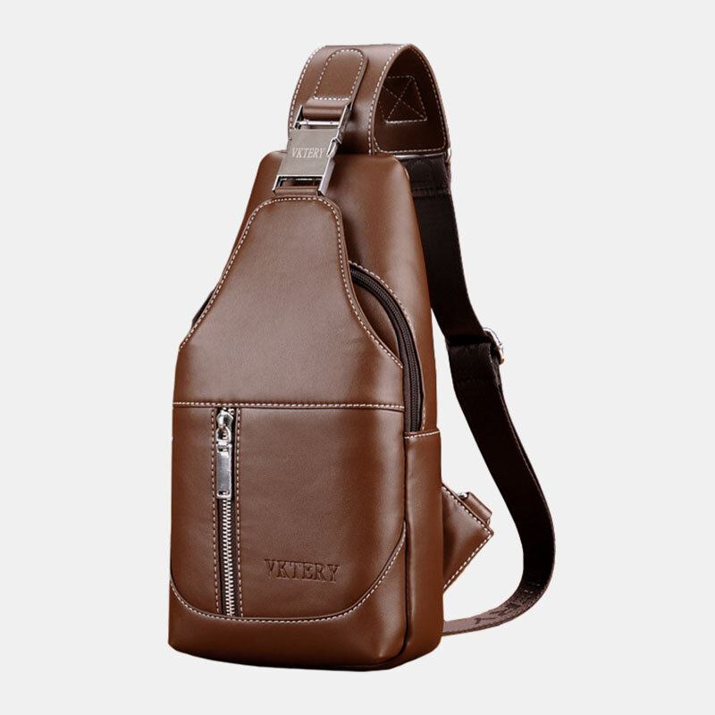 Mænd Pu-læder Casual Multifunktions-øretelefonhul Crossbody-taske Brysttaske