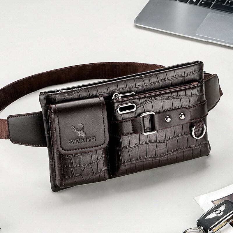 Mænd Pu-læder Multi-lomme Slidstærk Brysttaske Taljetaske Hovedtelefonhul Design 6.5 Tommer Telefontaske Crossbody-tasker