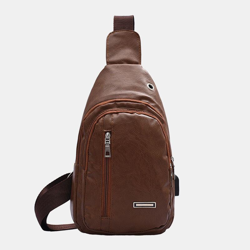 Mænd Pu Læder Øretelefon Hul Multi-bære Vandtæt Crossbody Taske Bryst Taske Sling Bag