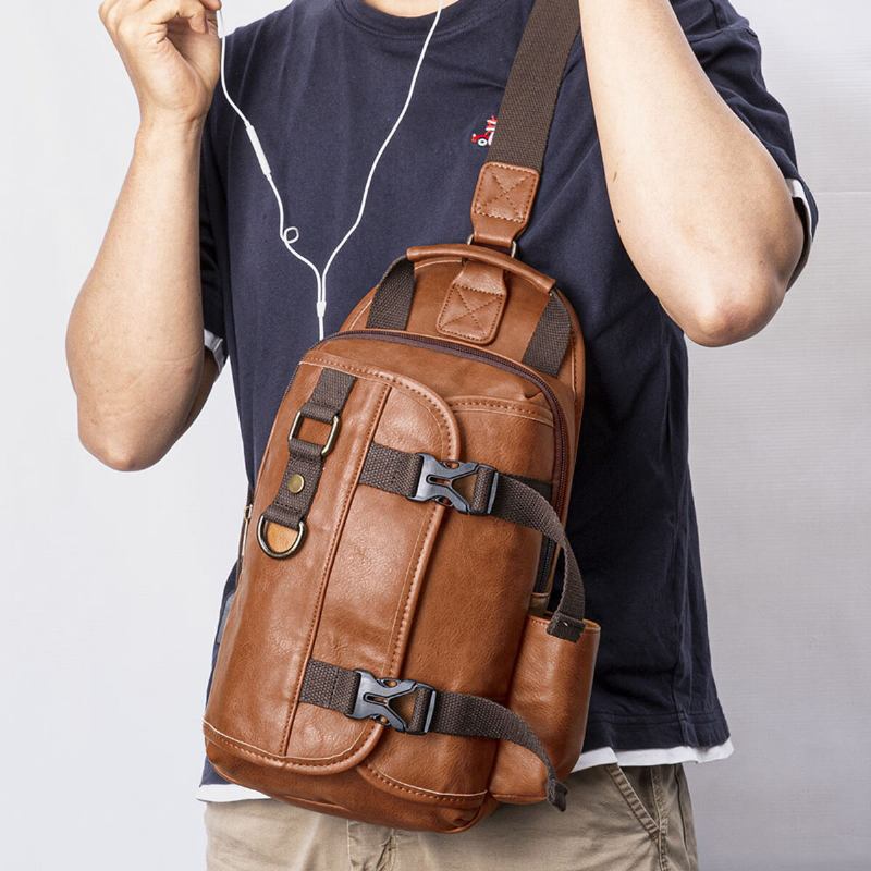 Mænd Pu Læder Stor Kapacitet Multifunktions Headset Hul Usb Opladning Short Trip Sling Tasker Crossbody Taske Brysttaske