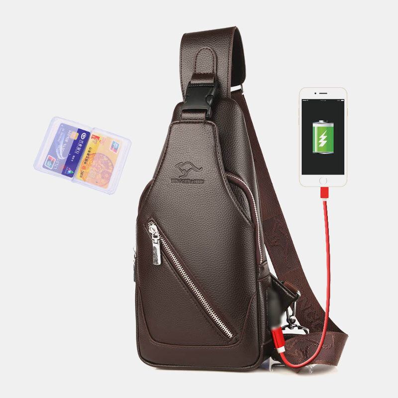 Mænd Pu Læder Usb Opladning Vandtæt Øretelefon Hul Business Crossbody Taske Brysttaske Sling Bag