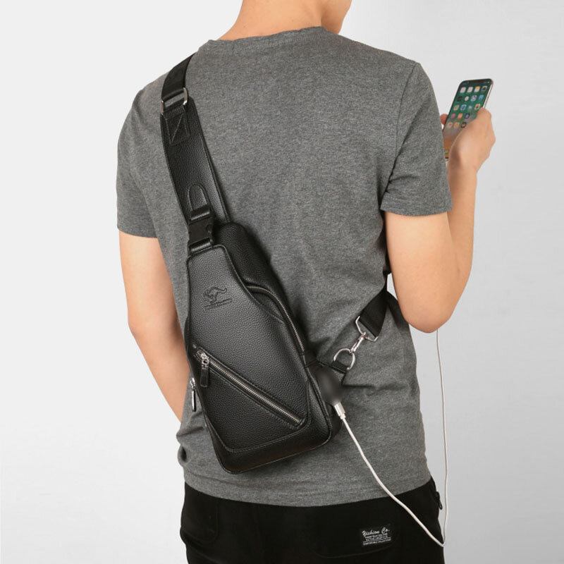 Mænd Pu Læder Usb Opladning Vandtæt Øretelefon Hul Business Crossbody Taske Brysttaske Sling Bag