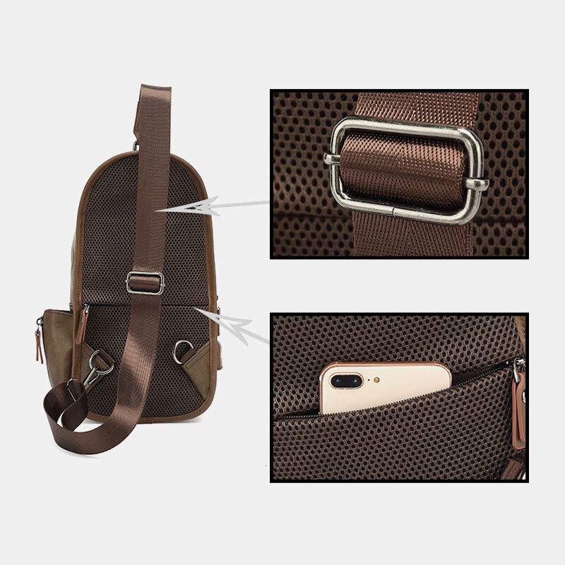 Mænd Pu Læder Vintage Multifunktions Øretelefonhul Usb-opladning Crossbody-taske Brysttaske Sling Bag