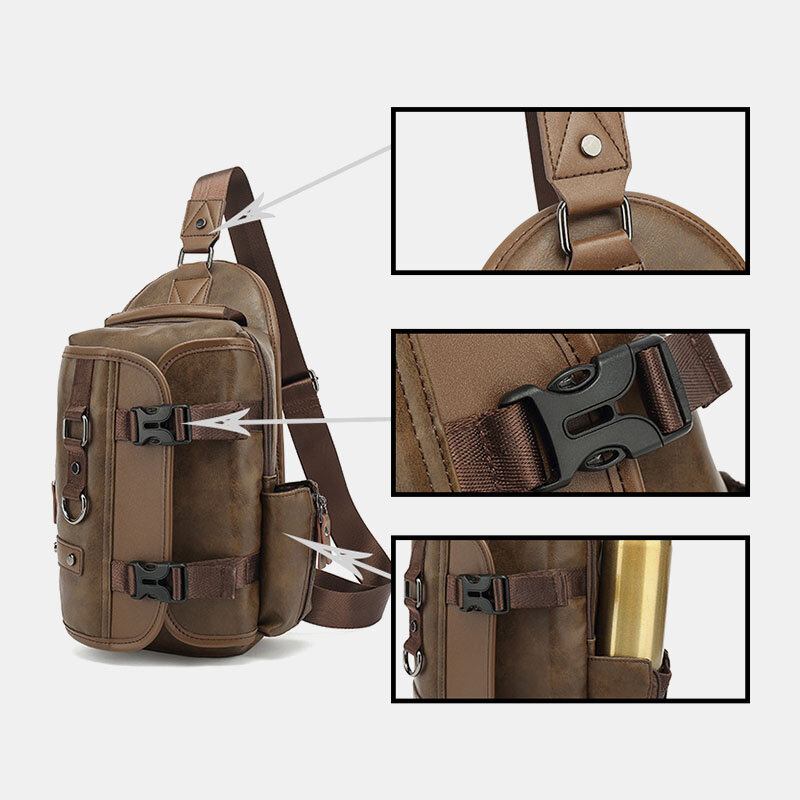 Mænd Pu Læder Vintage Multifunktions Øretelefonhul Usb-opladning Crossbody-taske Brysttaske Sling Bag