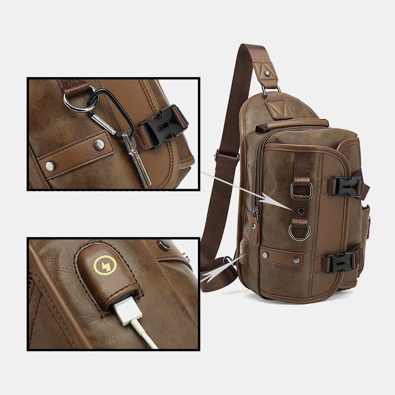 Mænd Pu Læder Vintage Multifunktions Øretelefonhul Usb-opladning Crossbody-taske Brysttaske Sling Bag