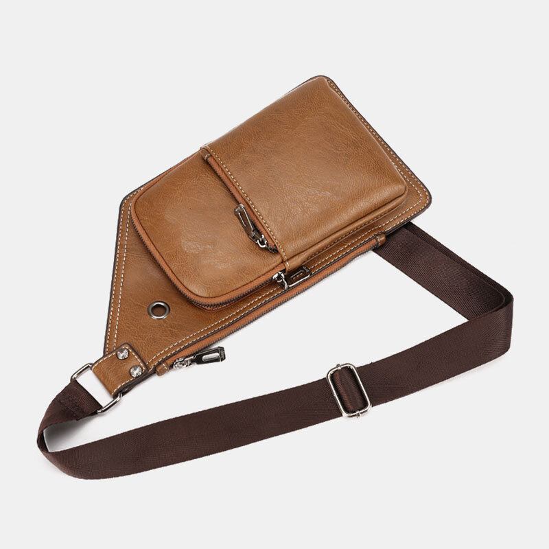 Mænd Retro Pu Læder Hovedtelefon Huldesign Brysttaske Multi-lomme Vandtæt Lynlås Crossbody Taske Skuldertaske