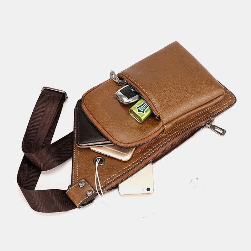 Mænd Retro Pu Læder Hovedtelefon Huldesign Brysttaske Multi-lomme Vandtæt Lynlås Crossbody Taske Skuldertaske