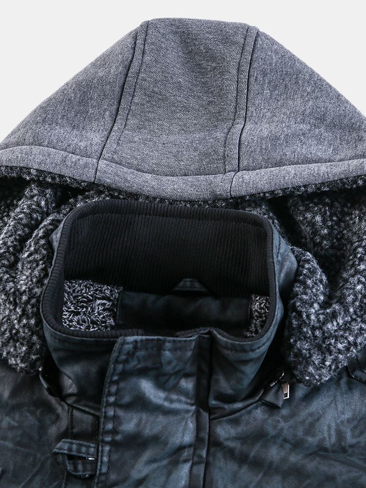 Herre Hooded Pocket Pu Læder Motorcykeljakke