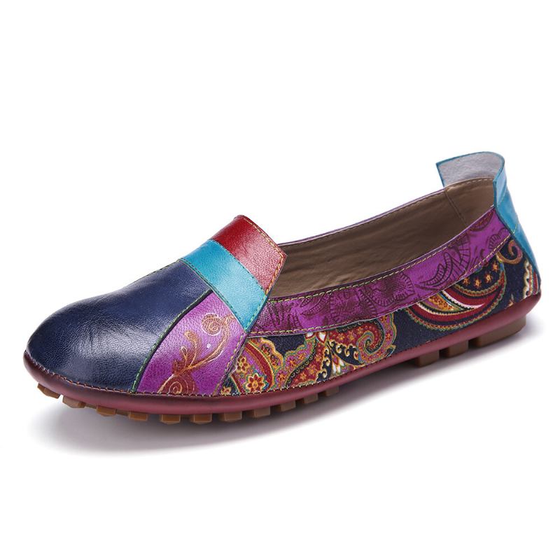 Bohemian Blødt Læder Blomster Splejsning Behagelig Casual Slip On Loafers Flade Sko