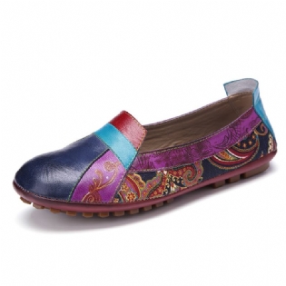 Bohemian Blødt Læder Blomster Splejsning Behagelig Casual Slip On Loafers Flade Sko