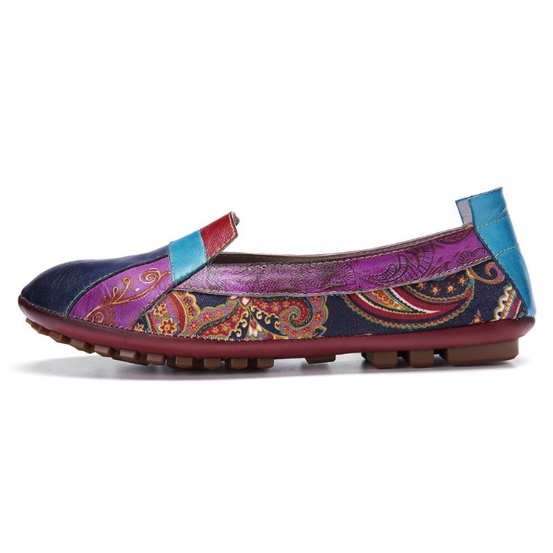 Bohemian Blødt Læder Blomster Splejsning Behagelig Casual Slip On Loafers Flade Sko