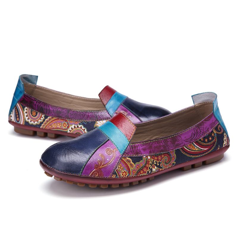 Bohemian Blødt Læder Blomster Splejsning Behagelig Casual Slip On Loafers Flade Sko