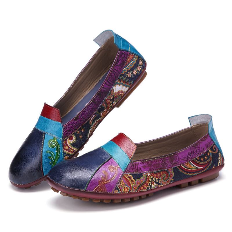 Bohemian Blødt Læder Blomster Splejsning Behagelig Casual Slip On Loafers Flade Sko