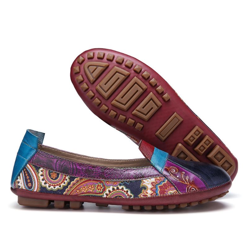 Bohemian Blødt Læder Blomster Splejsning Behagelig Casual Slip On Loafers Flade Sko