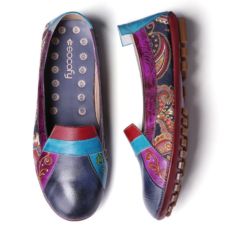 Bohemian Blødt Læder Blomster Splejsning Behagelig Casual Slip On Loafers Flade Sko