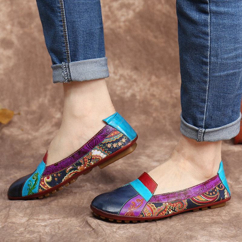 Bohemian Blødt Læder Blomster Splejsning Behagelig Casual Slip On Loafers Flade Sko