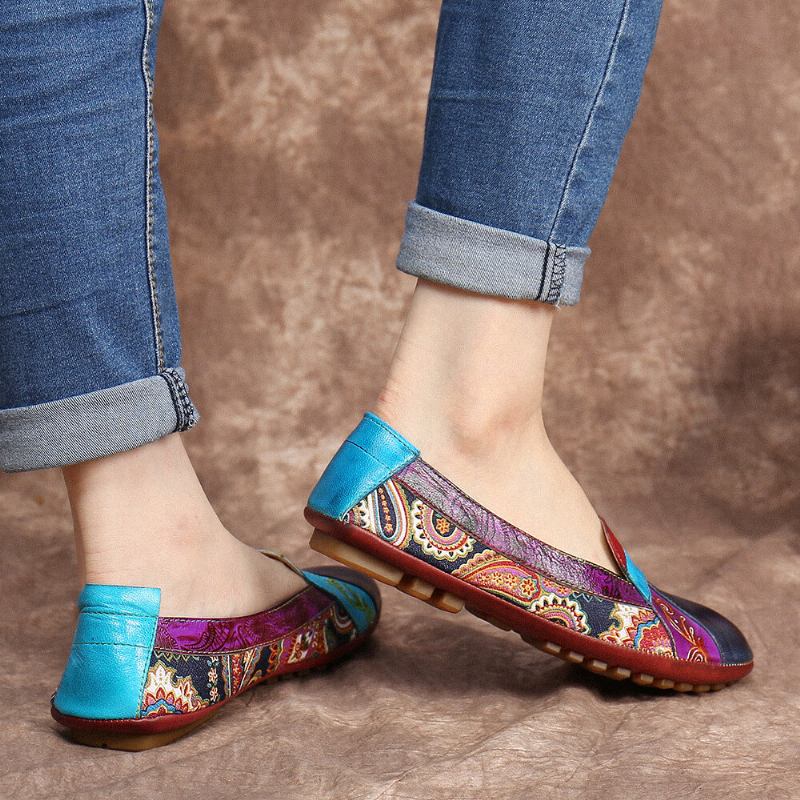 Bohemian Blødt Læder Blomster Splejsning Behagelig Casual Slip On Loafers Flade Sko