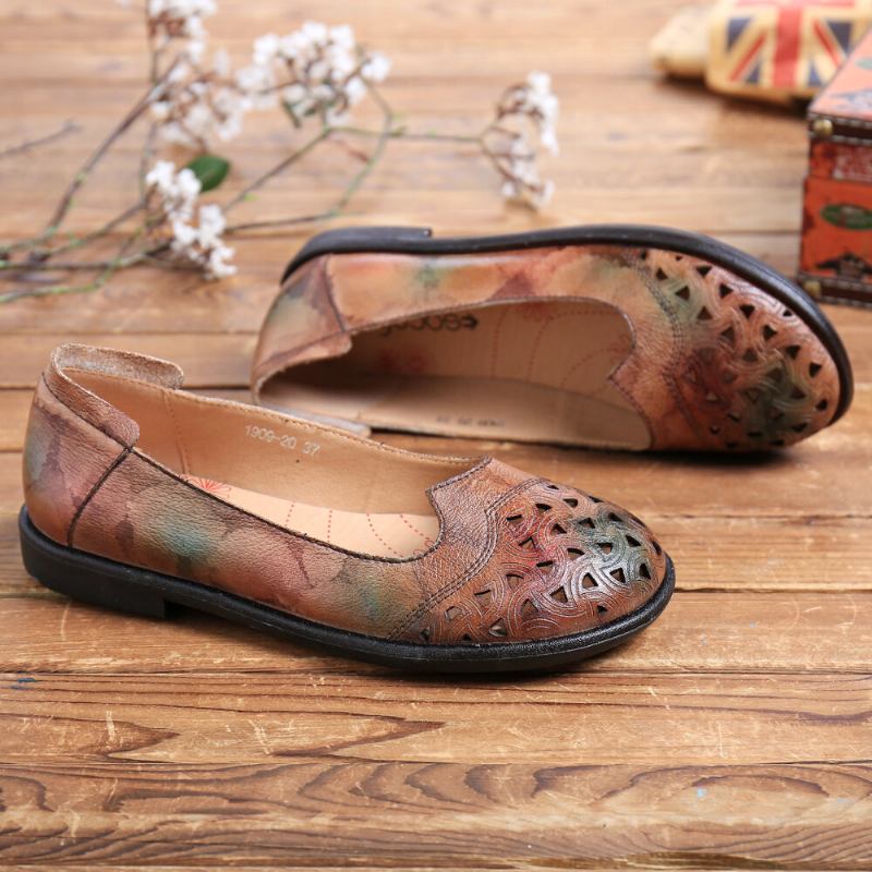 Bohemian Læder Hule Tie-dyed Blød Casual Slip On Loafers Flade Sko