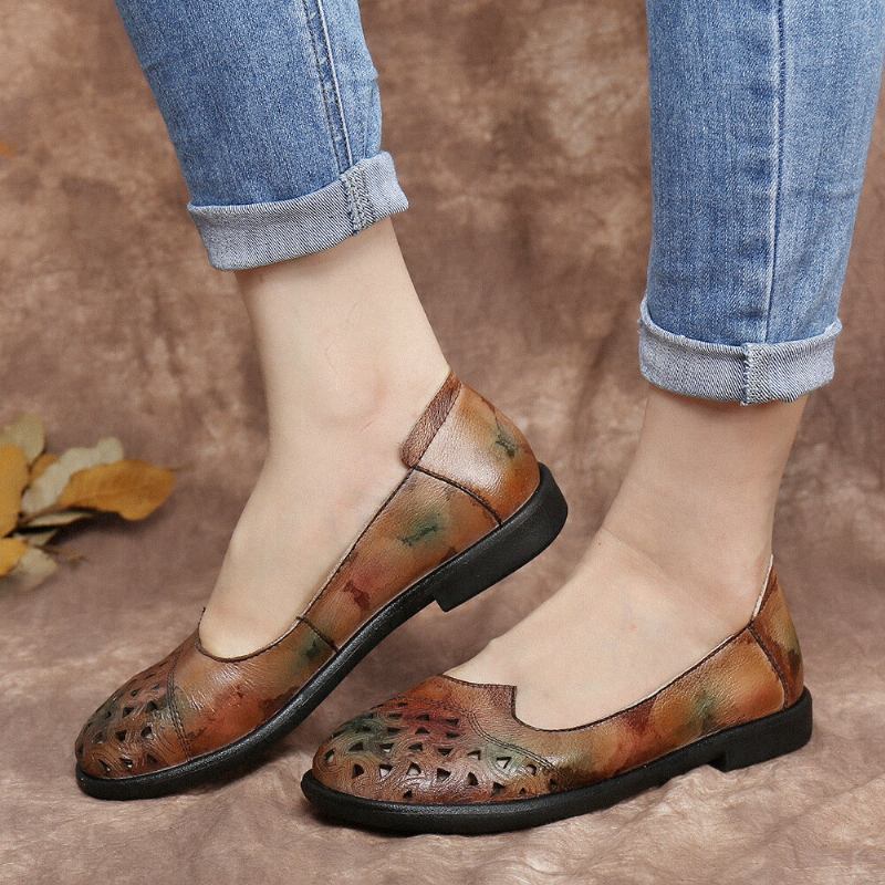 Bohemian Læder Hule Tie-dyed Blød Casual Slip On Loafers Flade Sko