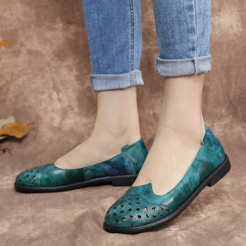 Bohemian Læder Hule Tie-dyed Blød Casual Slip On Loafers Flade Sko