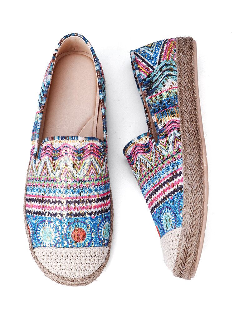 Bohemian Pattern Hollow Out Mesh Klud Komfortabel Bærbar Slip On Casual Espadrille Flade Sko