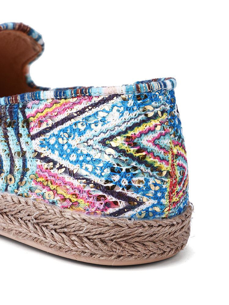 Bohemian Pattern Hollow Out Mesh Klud Komfortabel Bærbar Slip On Casual Espadrille Flade Sko