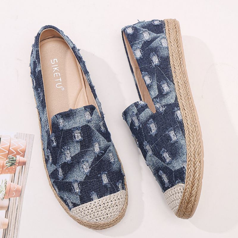 Dame Comfy Denim Ripped Design Espadrilles Flats Loafers