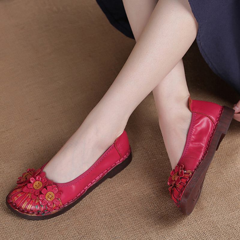 Dame Retro Flowers Decor Håndlavede Syninger Non Slp Soft Sole Loafers