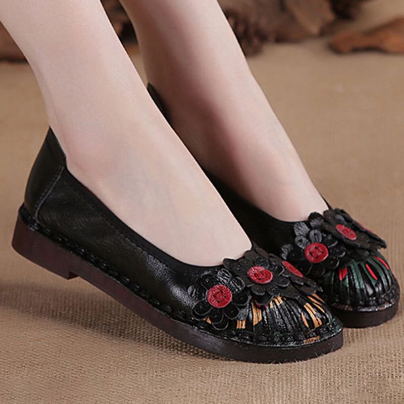 Dame Retro Flowers Decor Håndlavede Syninger Non Slp Soft Sole Loafers