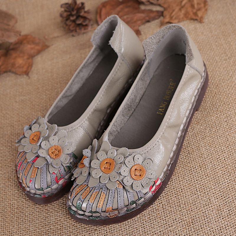 Dame Retro Flowers Decor Håndlavede Syninger Non Slp Soft Sole Loafers