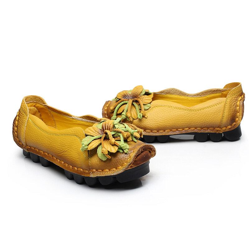 Kvinder Ægte Læder Håndlavet Dekorationsblomster Vintage Slip On Flats Loafers