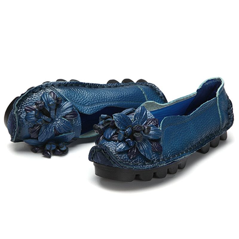 Kvinder Ægte Læder Håndlavet Dekorationsblomster Vintage Slip On Flats Loafers