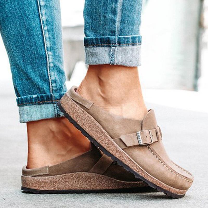 Kvinder Casual Comfy Ruskind Stor Størrelse Rund Toe Rygløse Flats