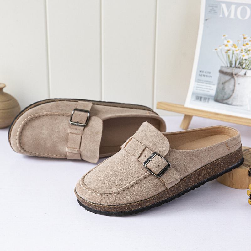 Kvinder Casual Comfy Ruskind Stor Størrelse Rund Toe Rygløse Flats