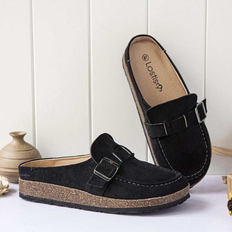 Kvinder Casual Comfy Ruskind Stor Størrelse Rund Toe Rygløse Flats